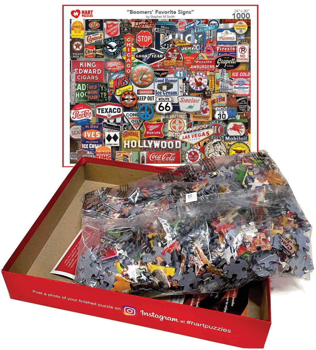Boomers' Favorite Signs puzzle box opened with bagged pieces and the finished image on the lid