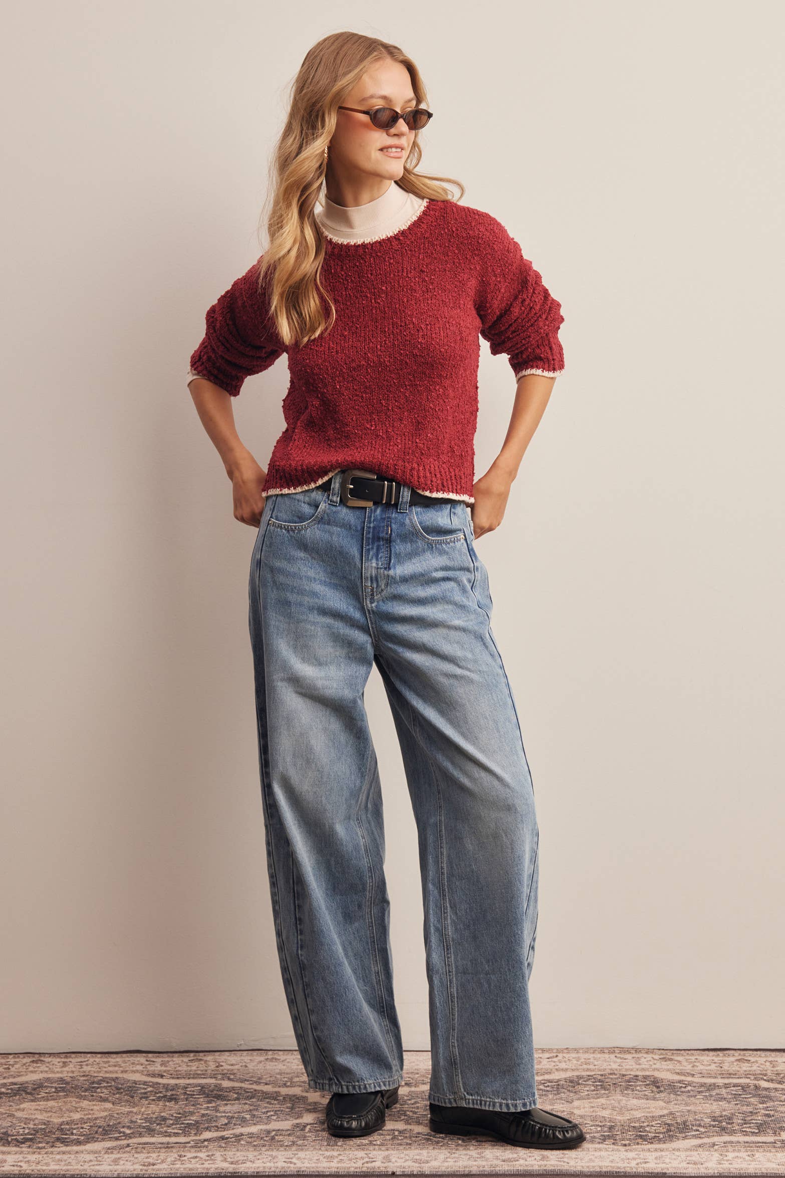 Contrast Trim Bouclé Sweater in Wine – 9