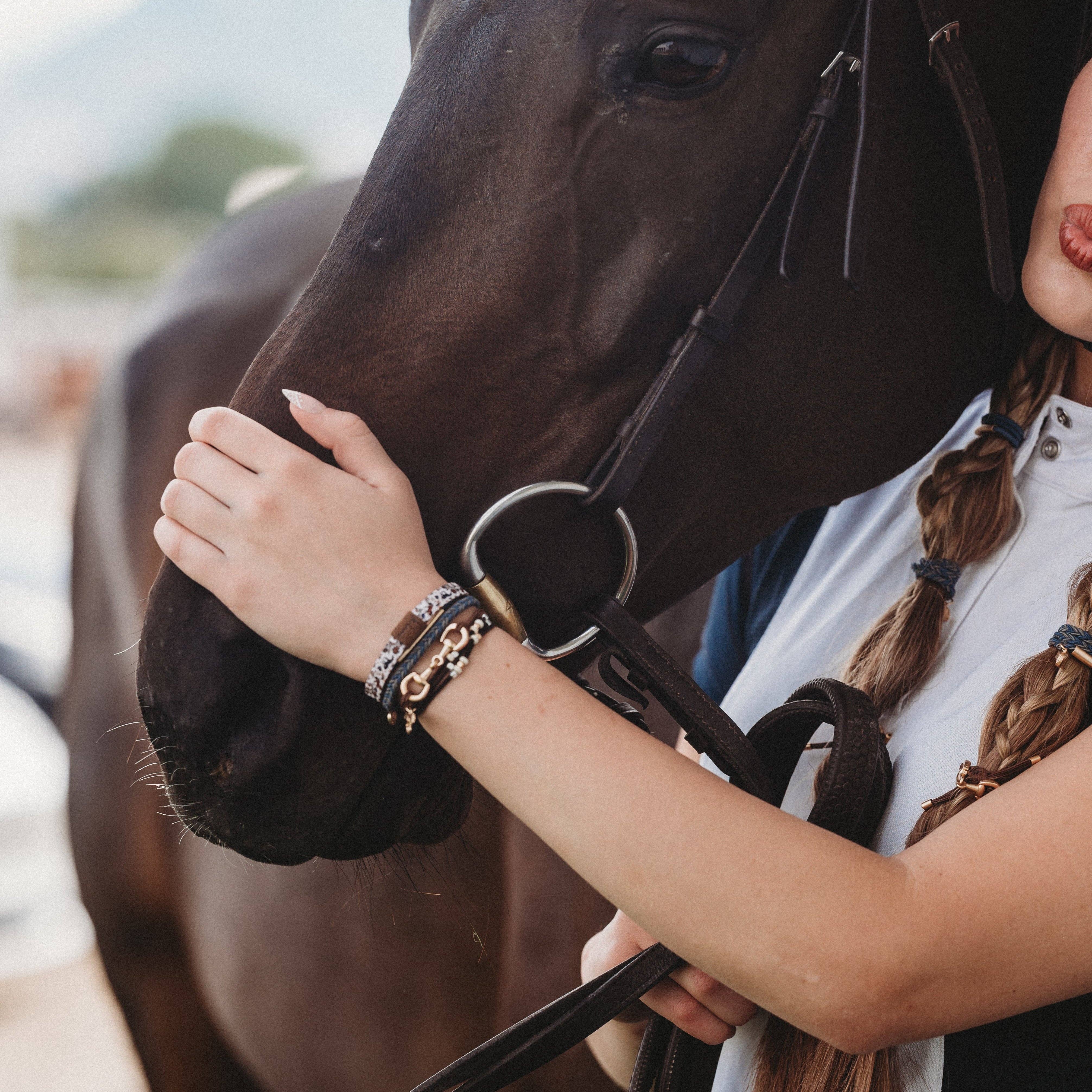 Gallop hair tie bracelet set in brown and blue with gold horse bit charm, view 2