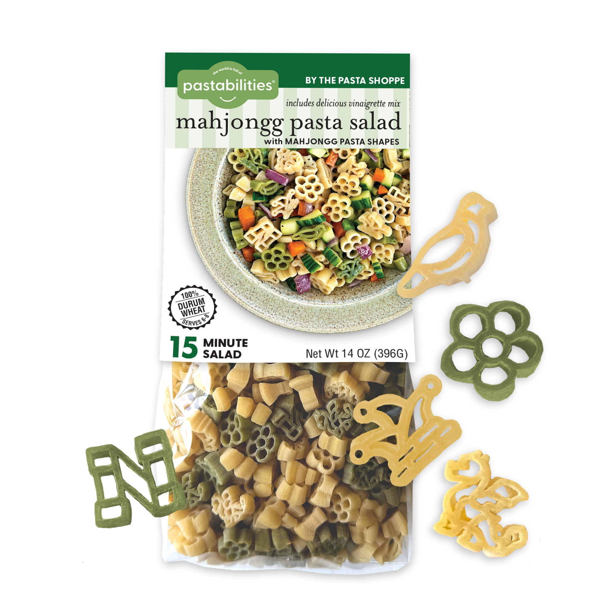 Pastabilities Mahjong Pasta Salad bag with Mahjong tile-shaped pasta