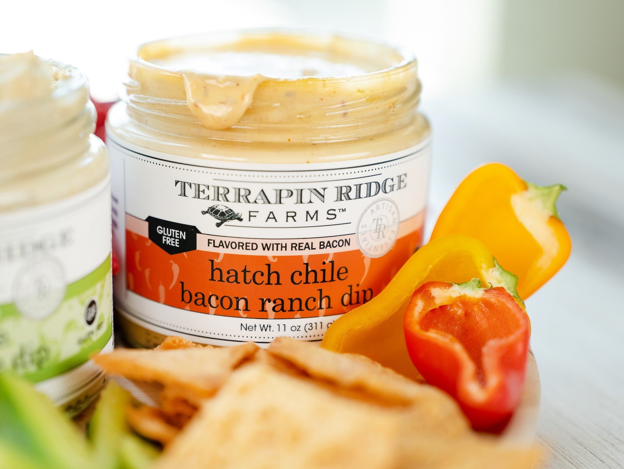 Hatch Chile Bacon Ranch Dip with bell peppers and chips for dipping