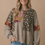 Floral patchwork knit top shown from the front, taupe and burgundy tones
