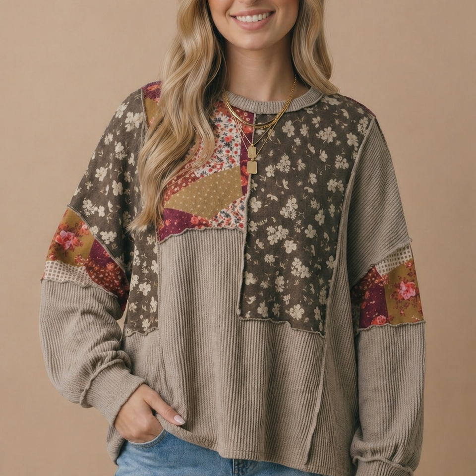 Floral patchwork knit top shown from the front, taupe and burgundy tones