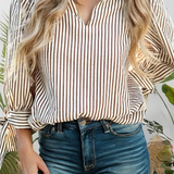 Striped Frill V Neck Knot Bracelet Sleeve Mock Neck Blouse
