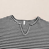 Stripe Textured Notched Neck Cuffed Short Sleeve Top