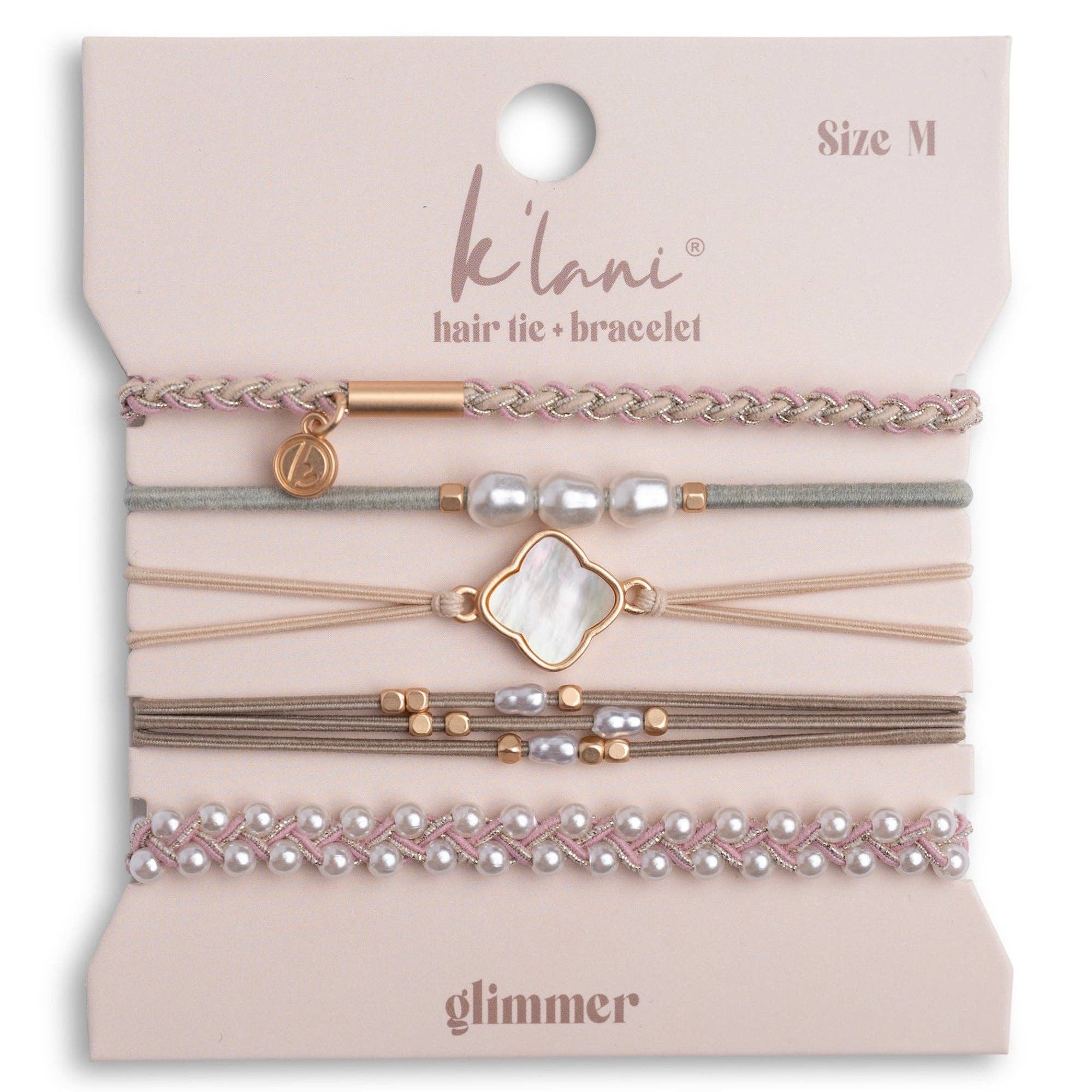 Glimmer hair tie bracelet set in soft pink with freshwater pearls and gold accents