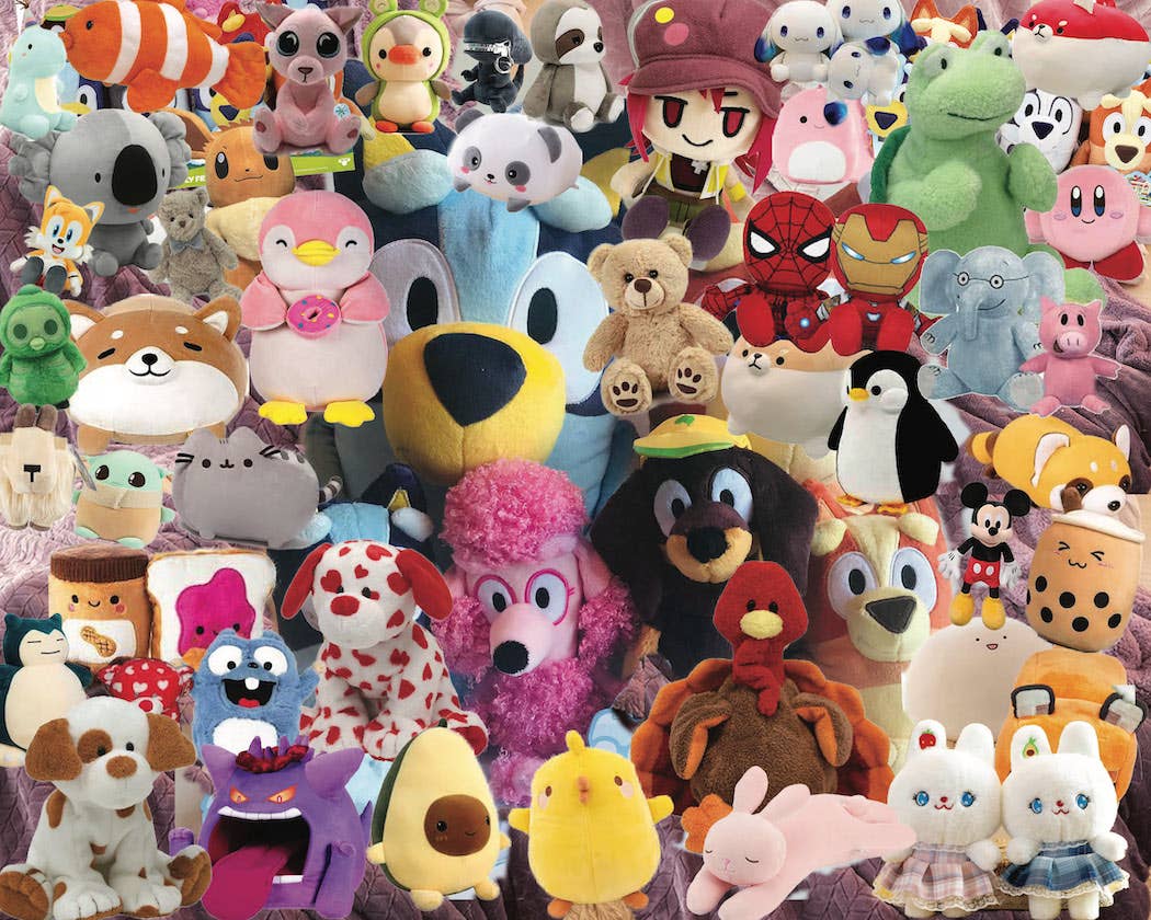 Completed Plush, Plush, Plush 1,000-piece jigsaw puzzle: a crowded collage of colorful stuffed animals and plush toys