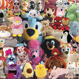 Completed Plush, Plush, Plush 1,000-piece jigsaw puzzle: a crowded collage of colorful stuffed animals and plush toys