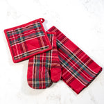 Red tartan plaid oven mitt, potholder and kitchen towel
