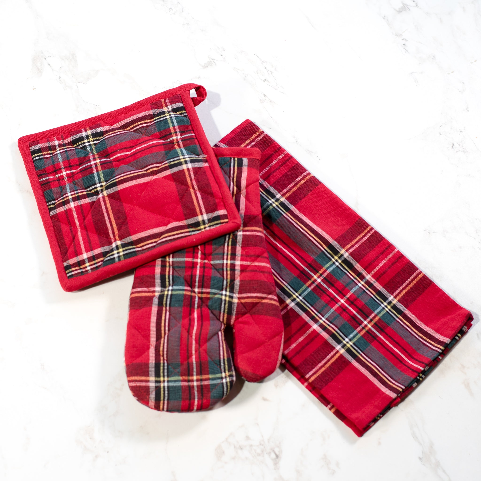 Red tartan plaid oven mitt, potholder and kitchen towel