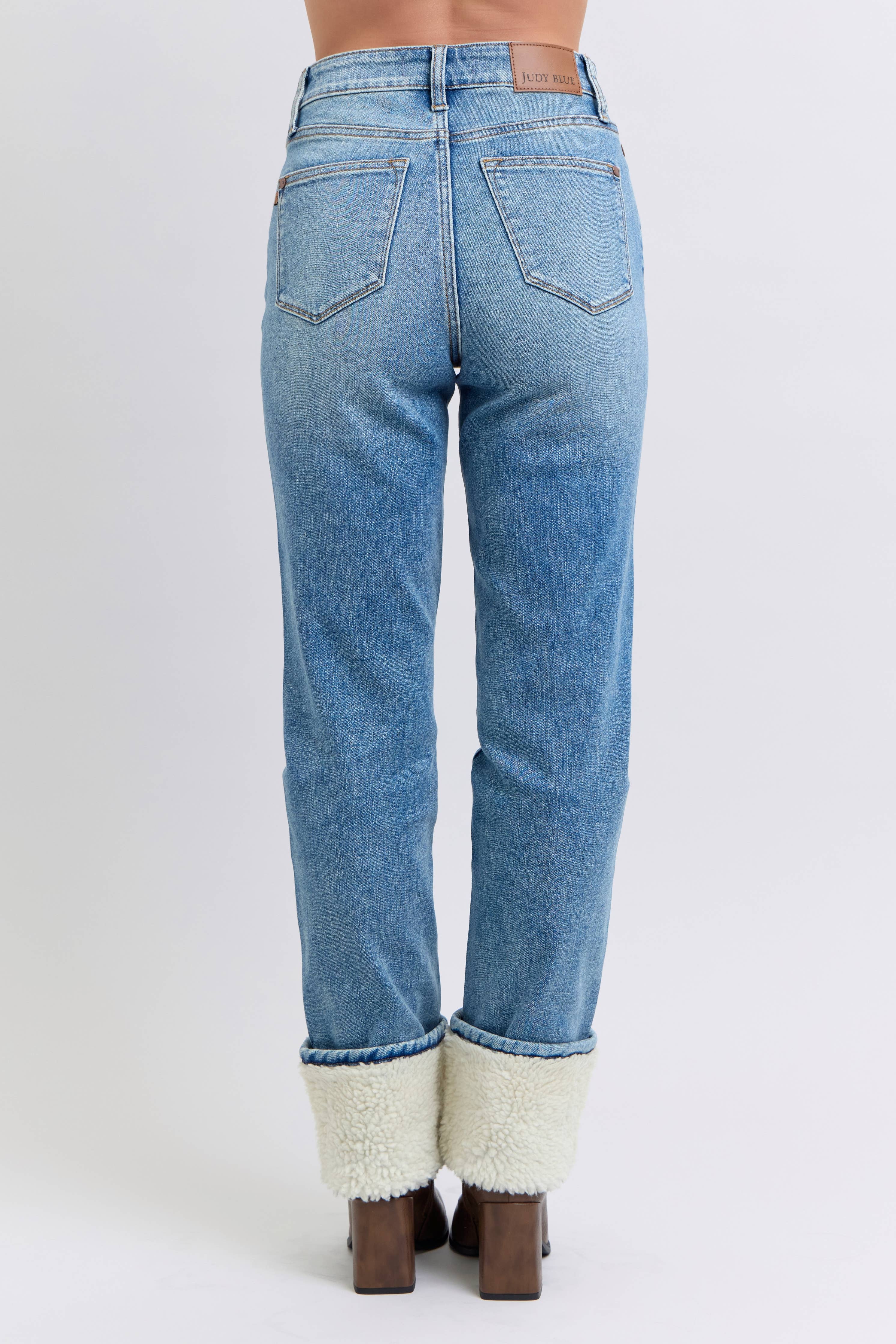 Judy Blue shearling cuff high waist straight jeans in medium wash