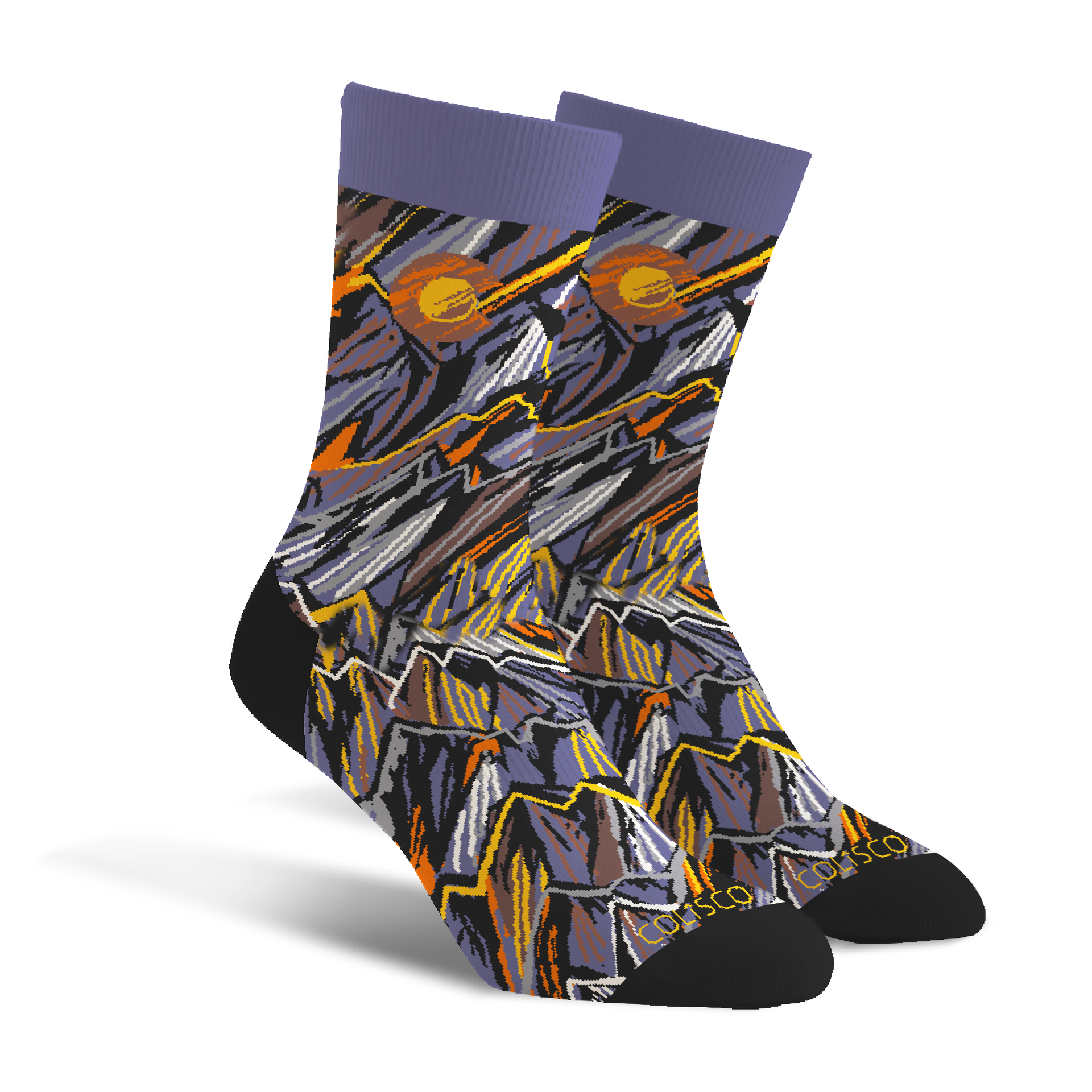 Unisex crew socks with topographic contour lines in sunset colors