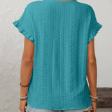 Dark Blue Solid Color Crewneck Sweet Short-Sleeve Hollow-Out Top