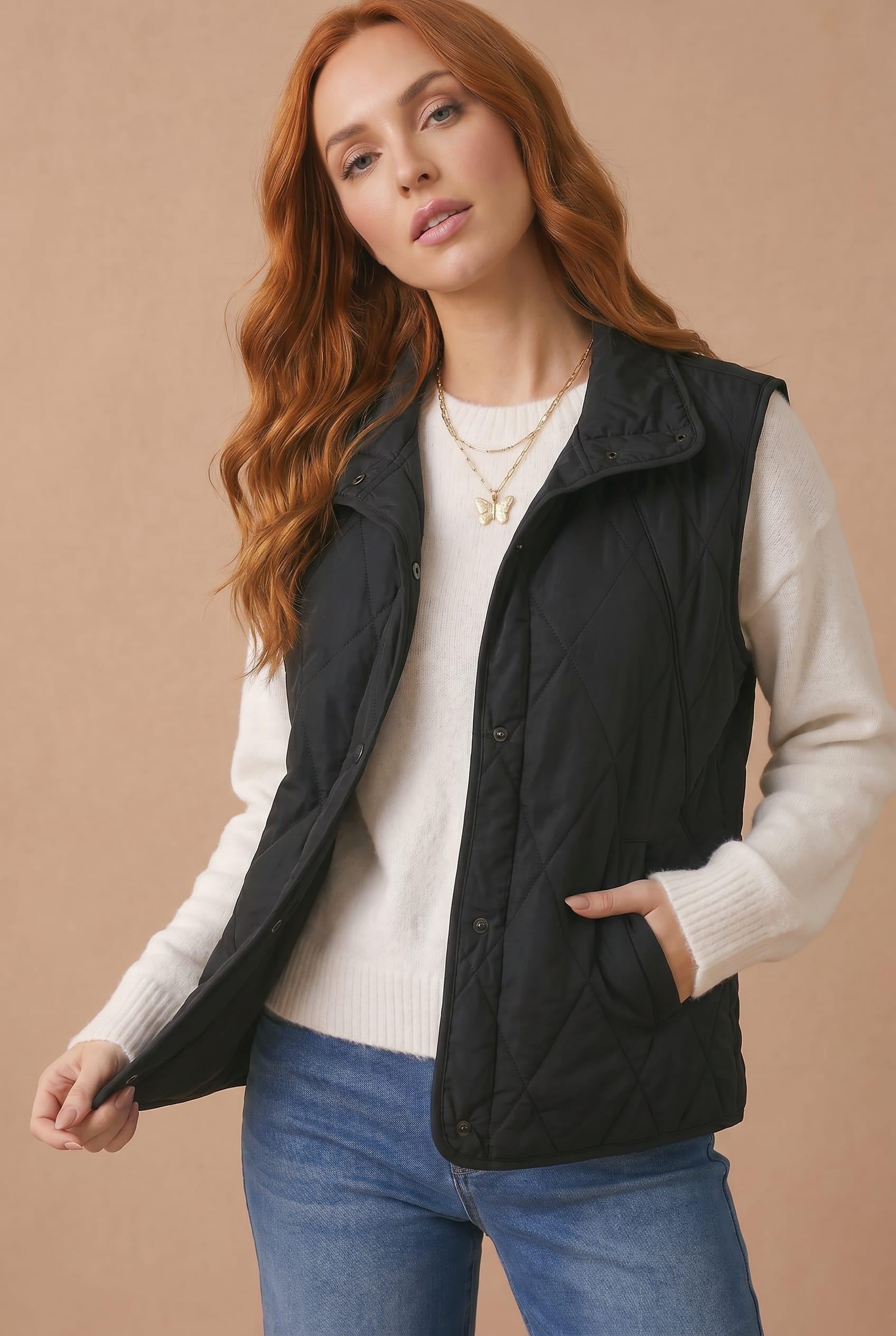 High Neck Snap Button Quilted Puffer Vest in Black - front view
