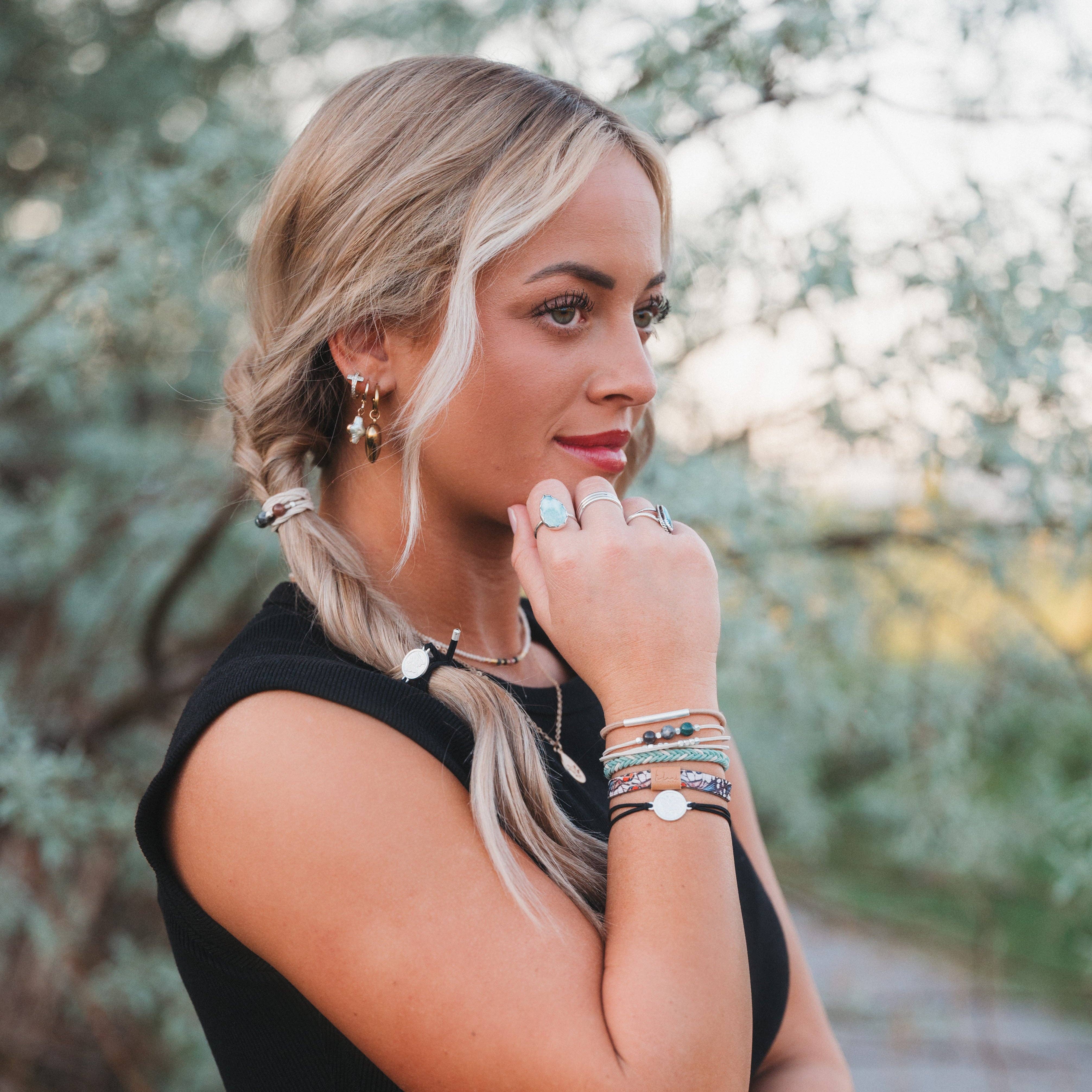 Flourish hair tie bracelet set in teal, black and tan with butterfly charm, view 2