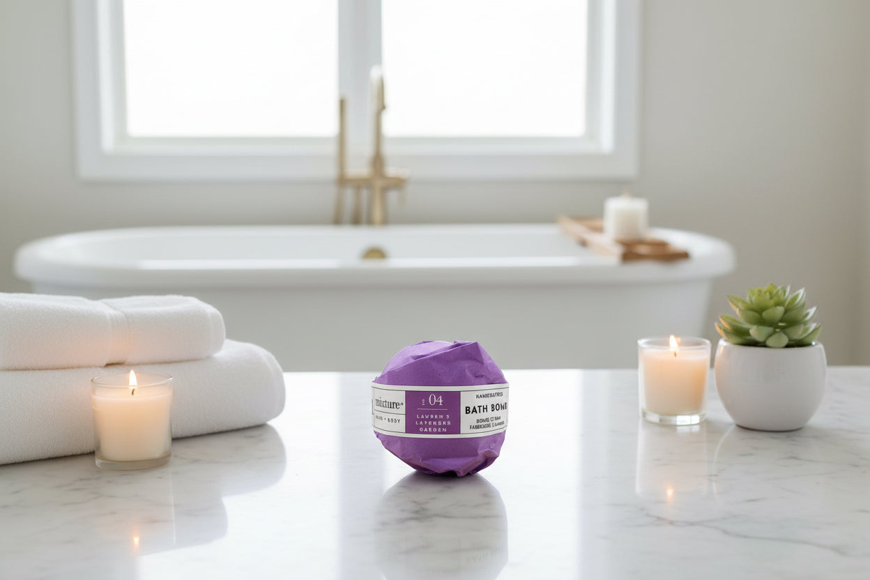 Purple bath bomb with a label on a white background