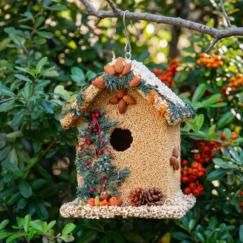 Seed-covered wooden birdhouse trimmed with juniper, cranberries, and pine cones in a garden