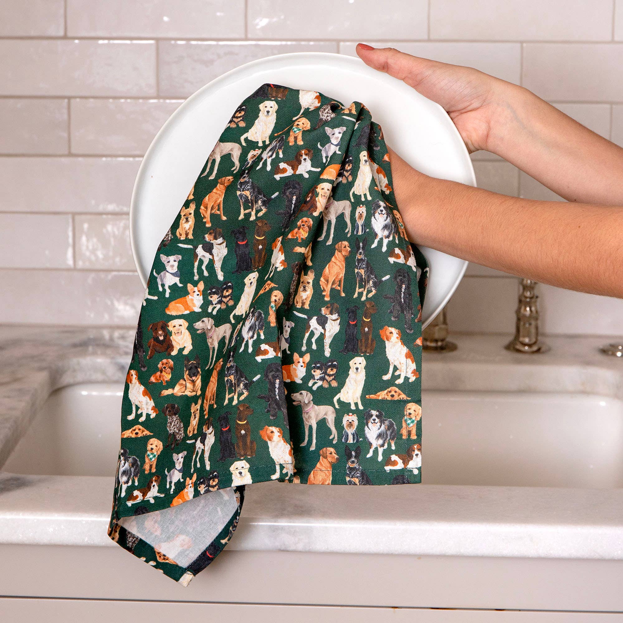 Furry Friends dogs green cotton kitchen towel