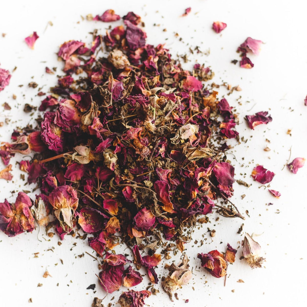 Loose organic rose petals and tulsi used in Cup of Love tea