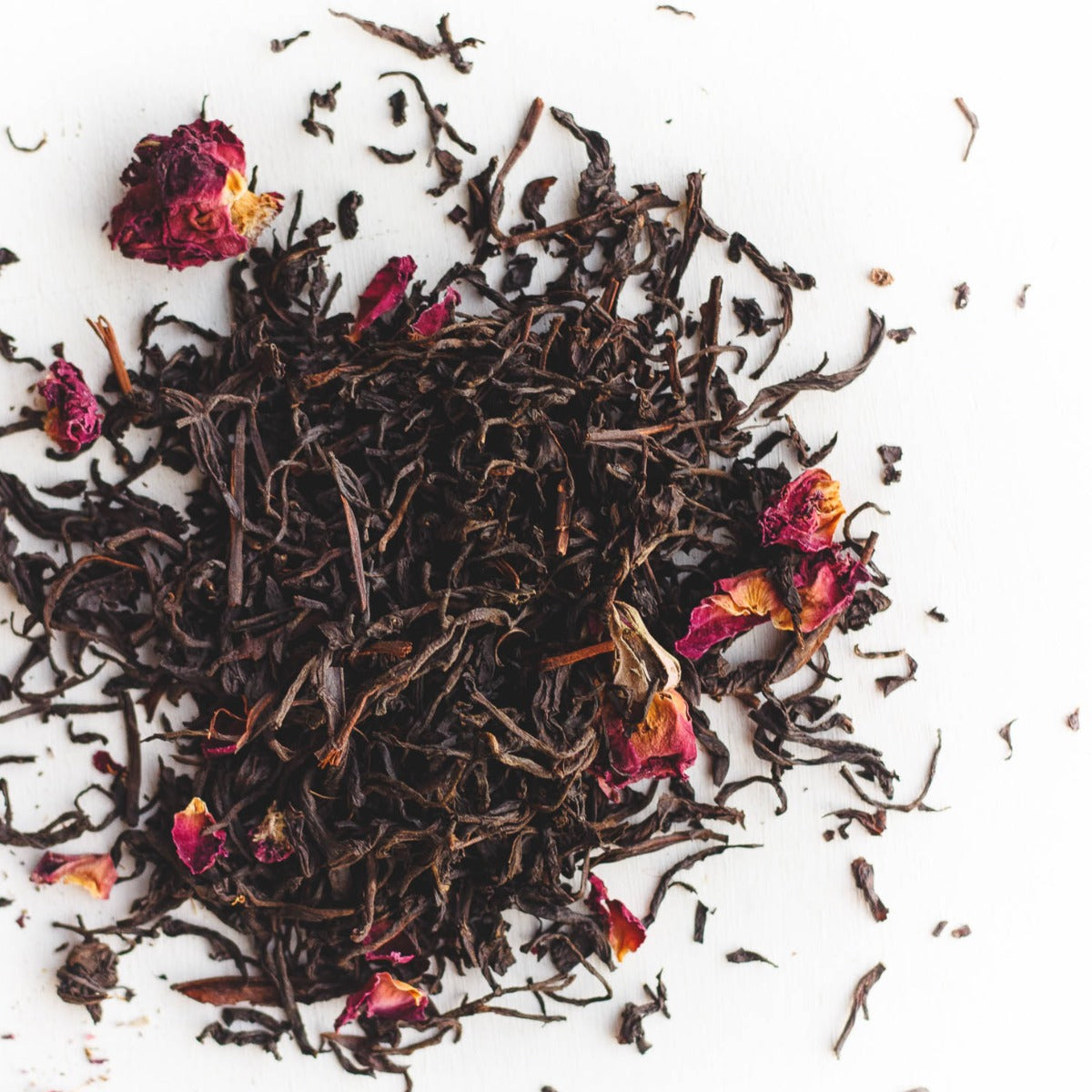 Loose Malawi black tea leaves and rose petals used in Edith Grey tea