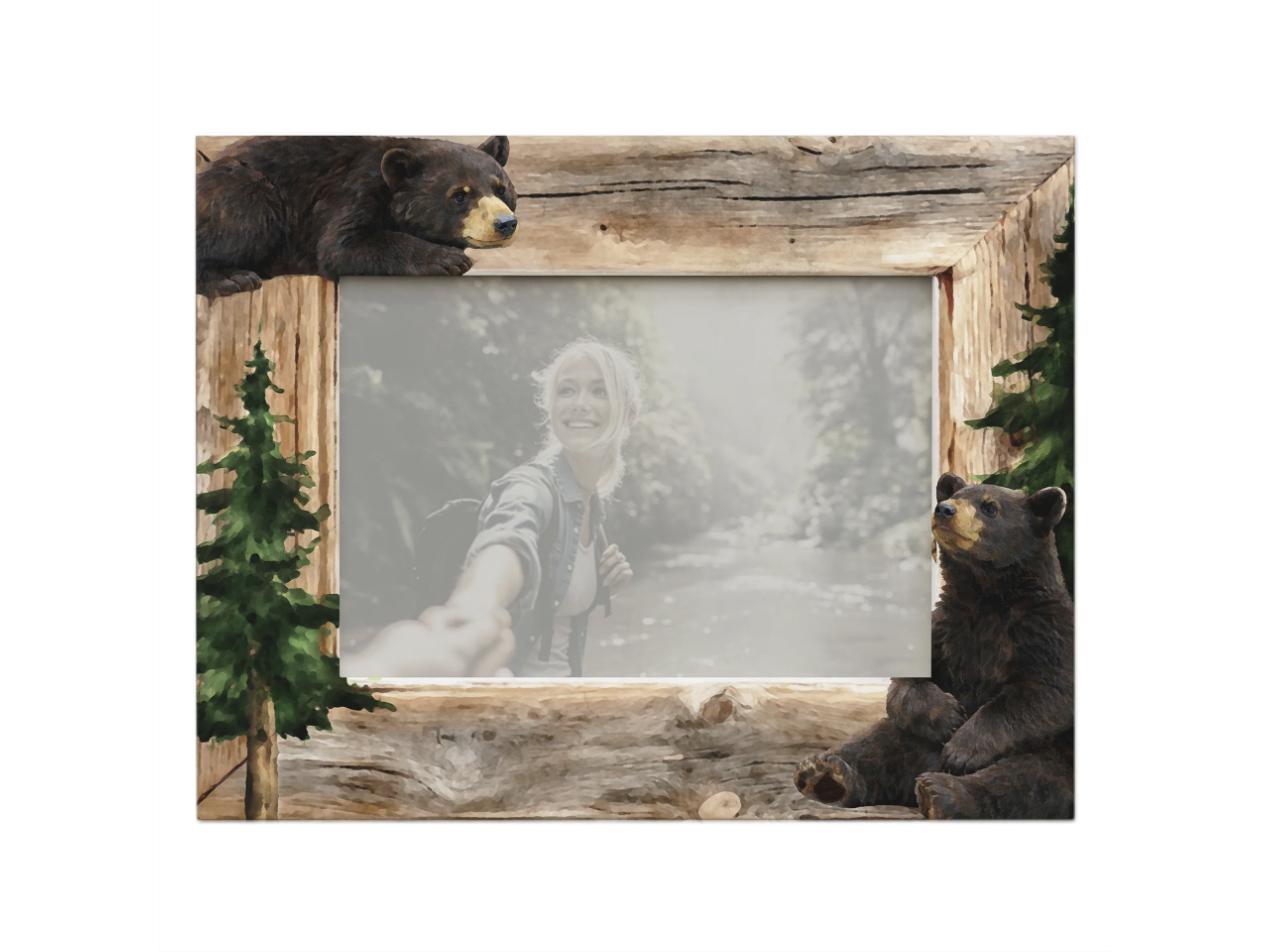 Rustic wood photo frame with carved black bears and pine trees around a 5x7 photo opening