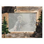 Rustic wood photo frame with carved black bears and pine trees around a 5x7 photo opening