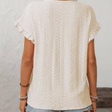 Dark Blue Solid Color Crewneck Sweet Short-Sleeve Hollow-Out Top
