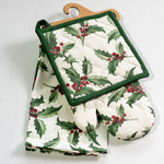 Holly and berry print oven mitt, potholder and towel set
