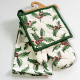 Holly and berry print oven mitt, potholder and towel set