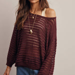 Open-Knit Stripe Sweater Top in Burgundy – 3