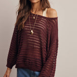 Open-Knit Stripe Sweater Top in Burgundy – 3