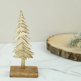 Gold metal tree on a wood base, 12.5 inches