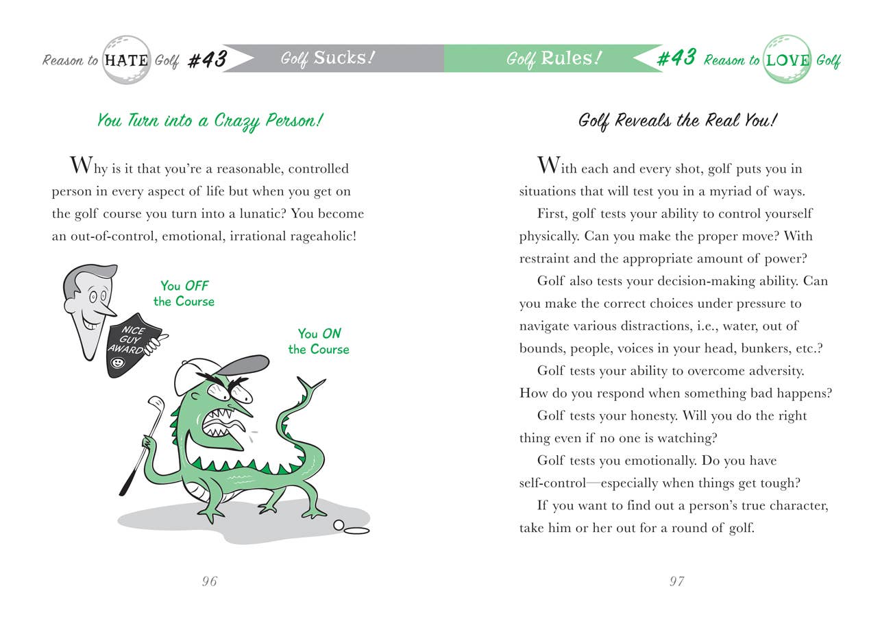 50 Reasons to Hate Golf interior pages with cartoon illustration