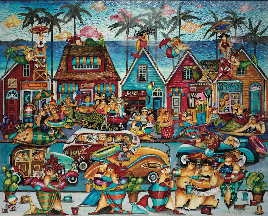 Completed Bathtub Beach 1,000-piece jigsaw puzzle: a whimsical, colorful seaside village with palm trees, cottages and vintage cars