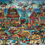 Completed Bathtub Beach 1,000-piece jigsaw puzzle: a whimsical, colorful seaside village with palm trees, cottages and vintage cars