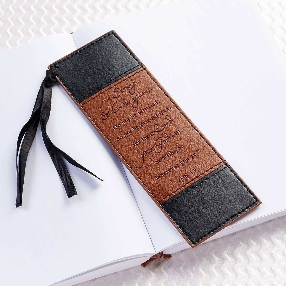 Be Strong and Courageous faux leather bookmark with knotted satin ribbon