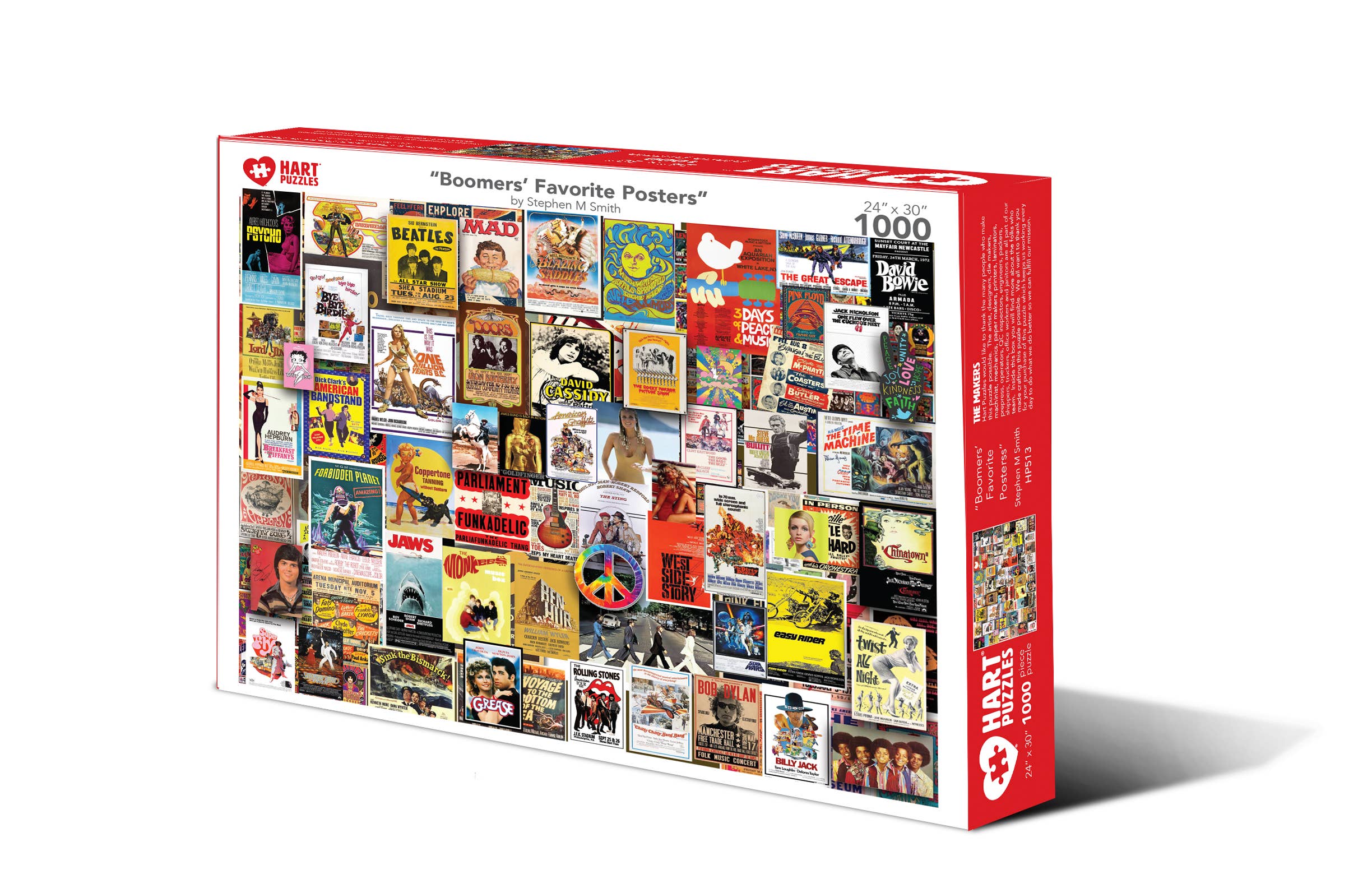 Boomers' Favorite Posters 1,000-piece jigsaw puzzle box showing a collage of vintage movie, music and pop culture posters from the 1960s to 1980s