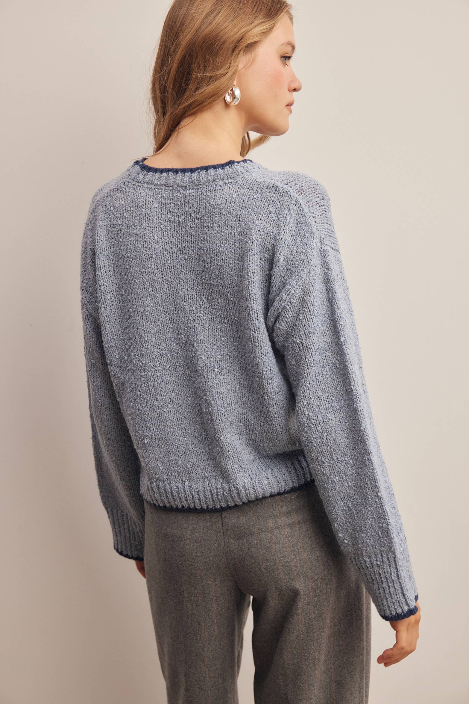 Contrast Trim Bouclé Sweater in Slate Blue – 7