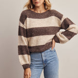 Striped boat neck soft knit sweater in mocha