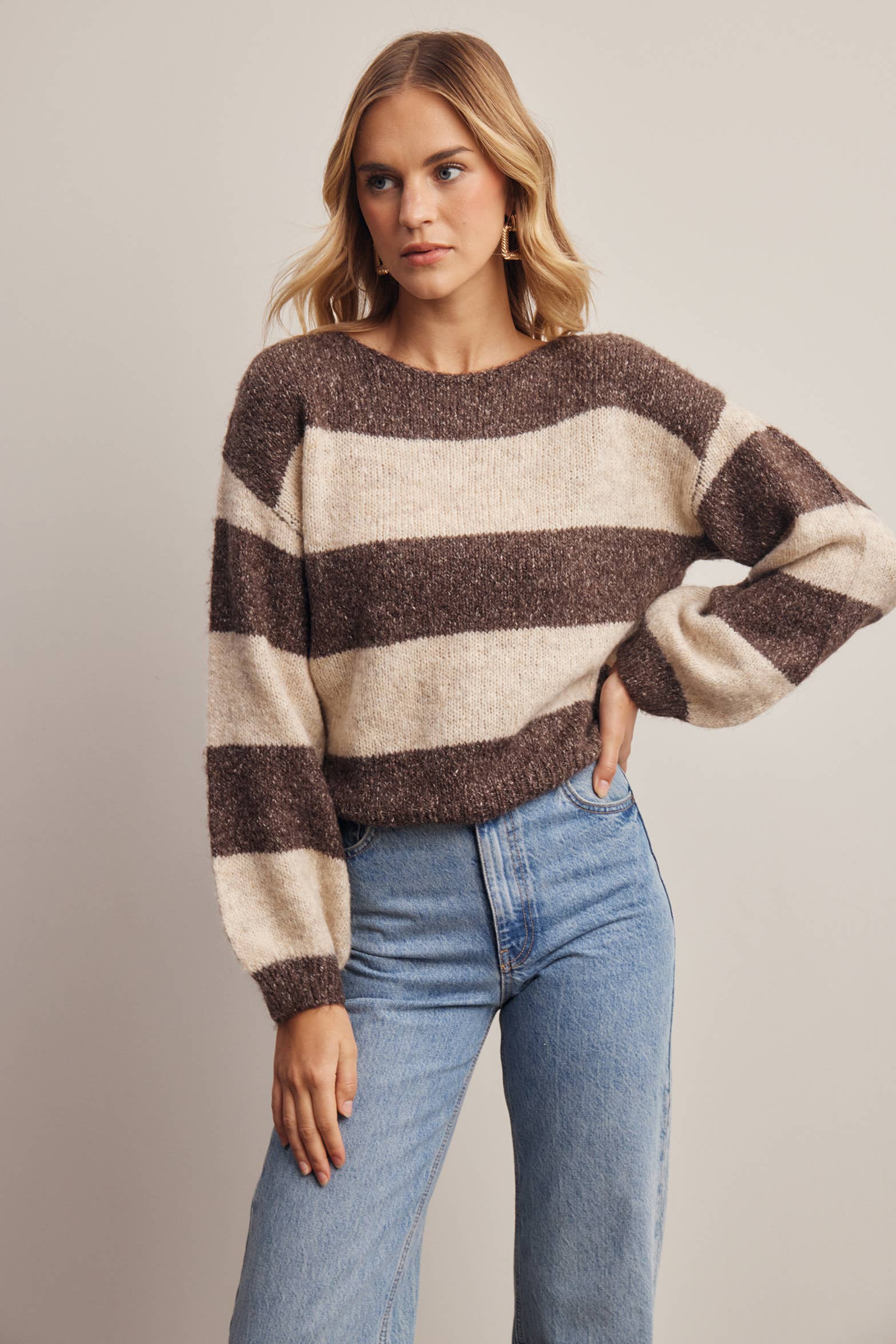 Striped boat neck soft knit sweater in mocha