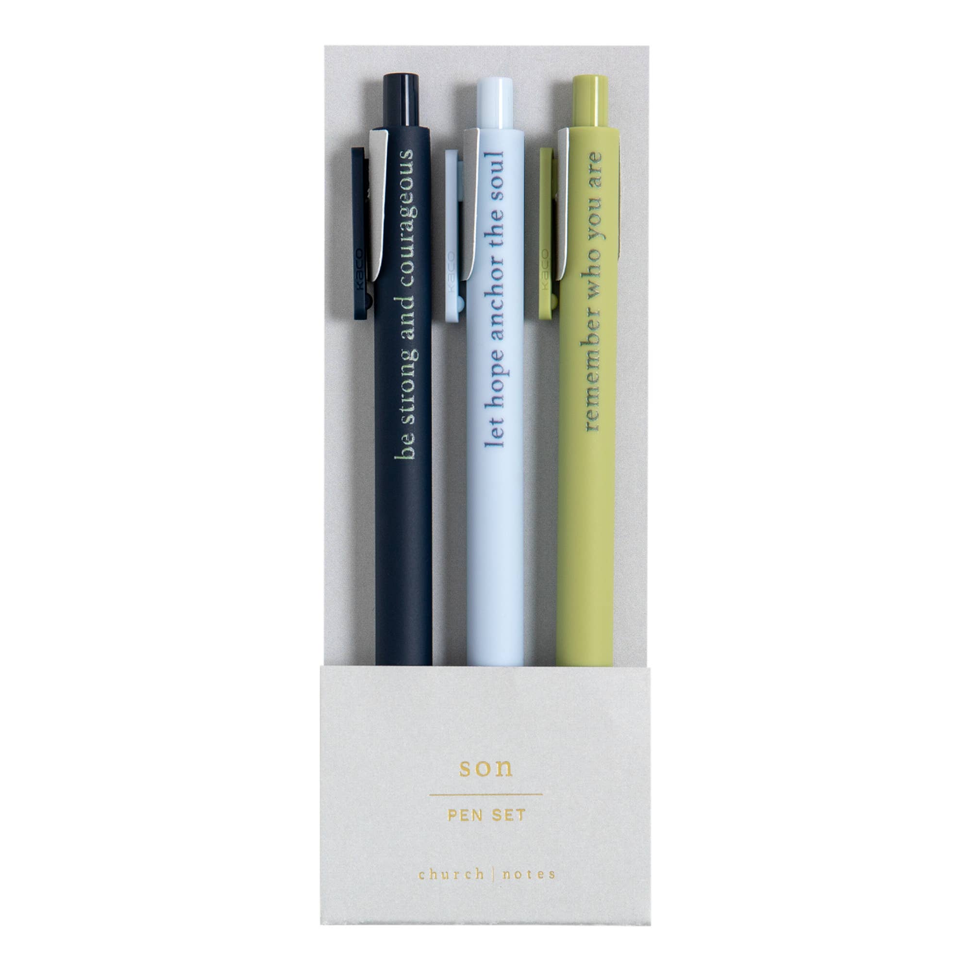 Son Bible study pen set, three gel pens in navy, light blue and green