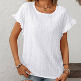 Dark Blue Solid Color Crewneck Sweet Short-Sleeve Hollow-Out Top