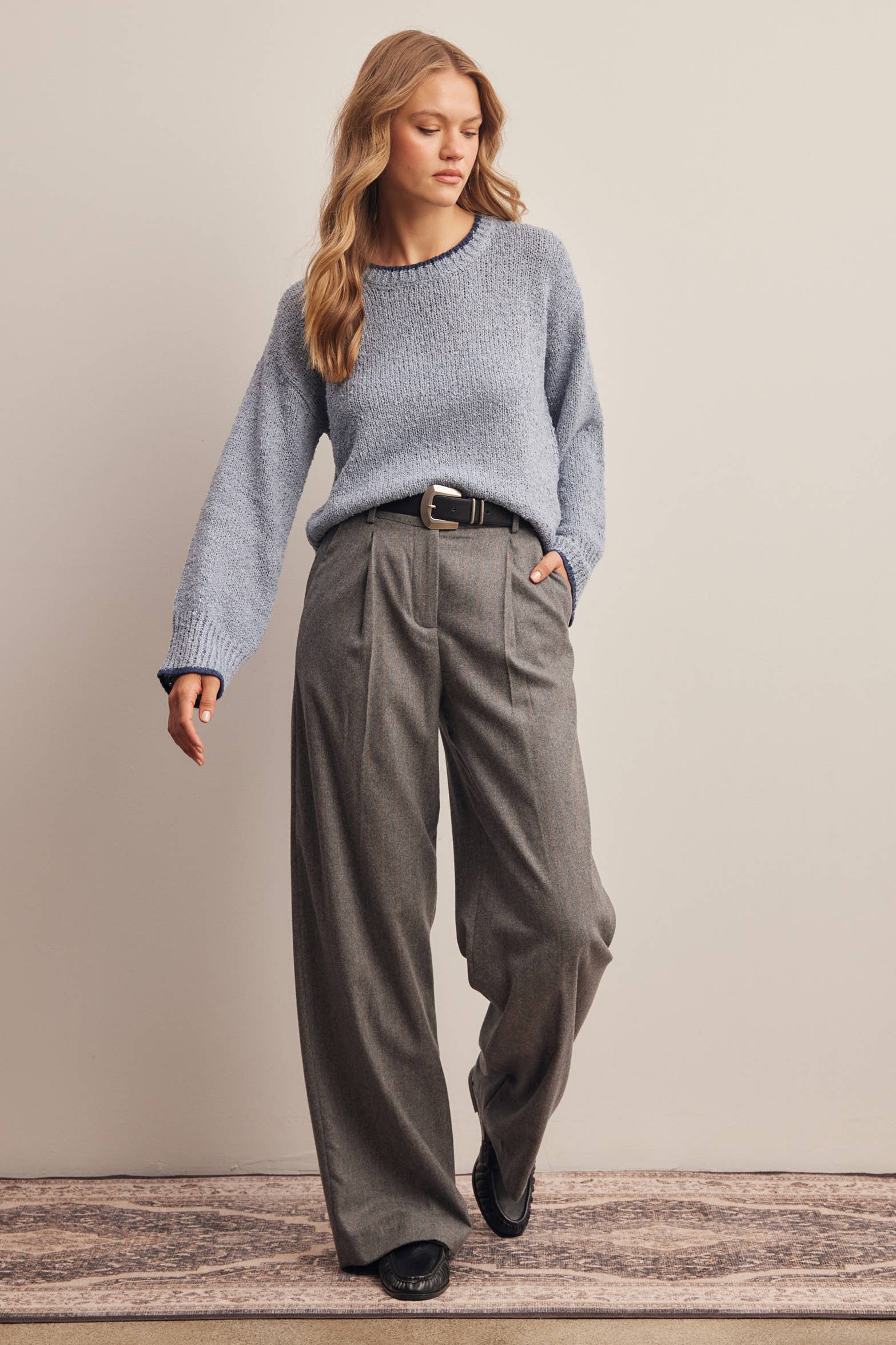Contrast Trim Bouclé Sweater in Slate Blue – 9