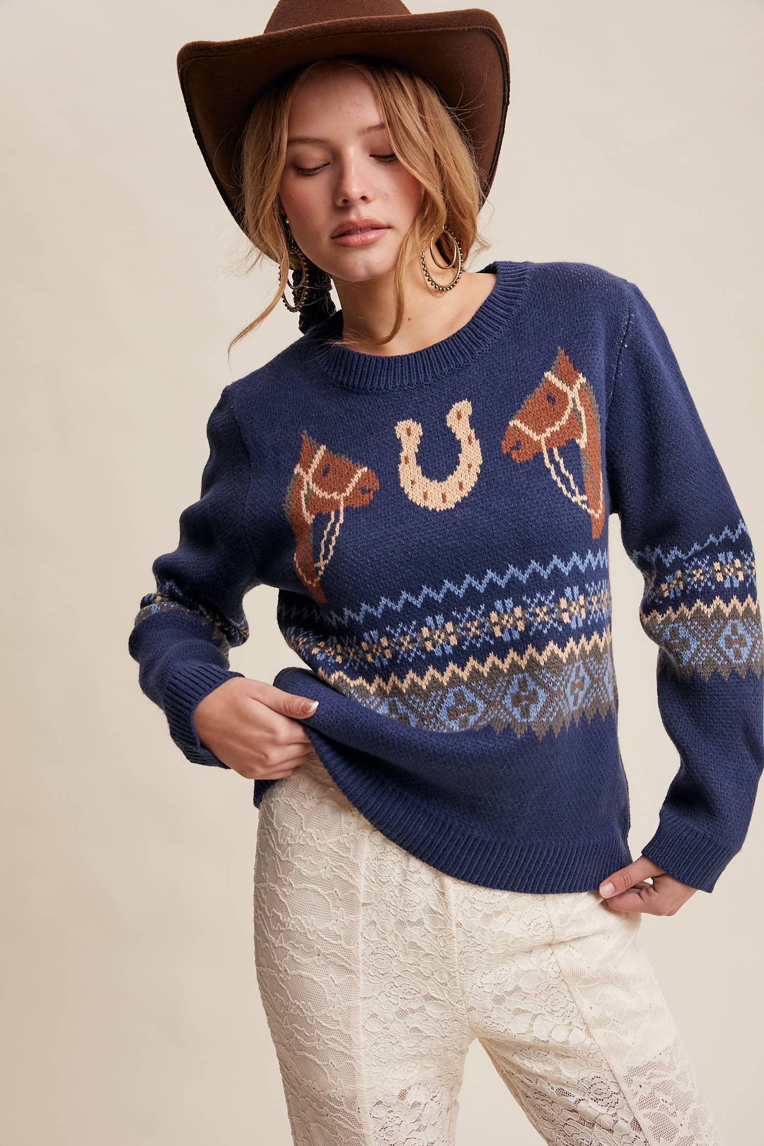 Western Horse & Horseshoe Sweater in Navy – 2