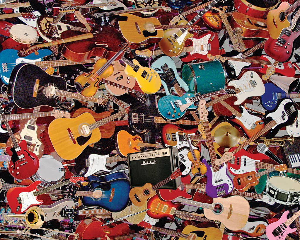 Completed Garage Band 1,000-piece jigsaw puzzle: a collage of electric and acoustic guitars, basses and amplifiers