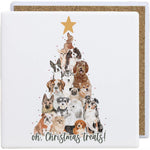 White square coaster with dogs stacked in a tree shape under a gold star, cork back showing