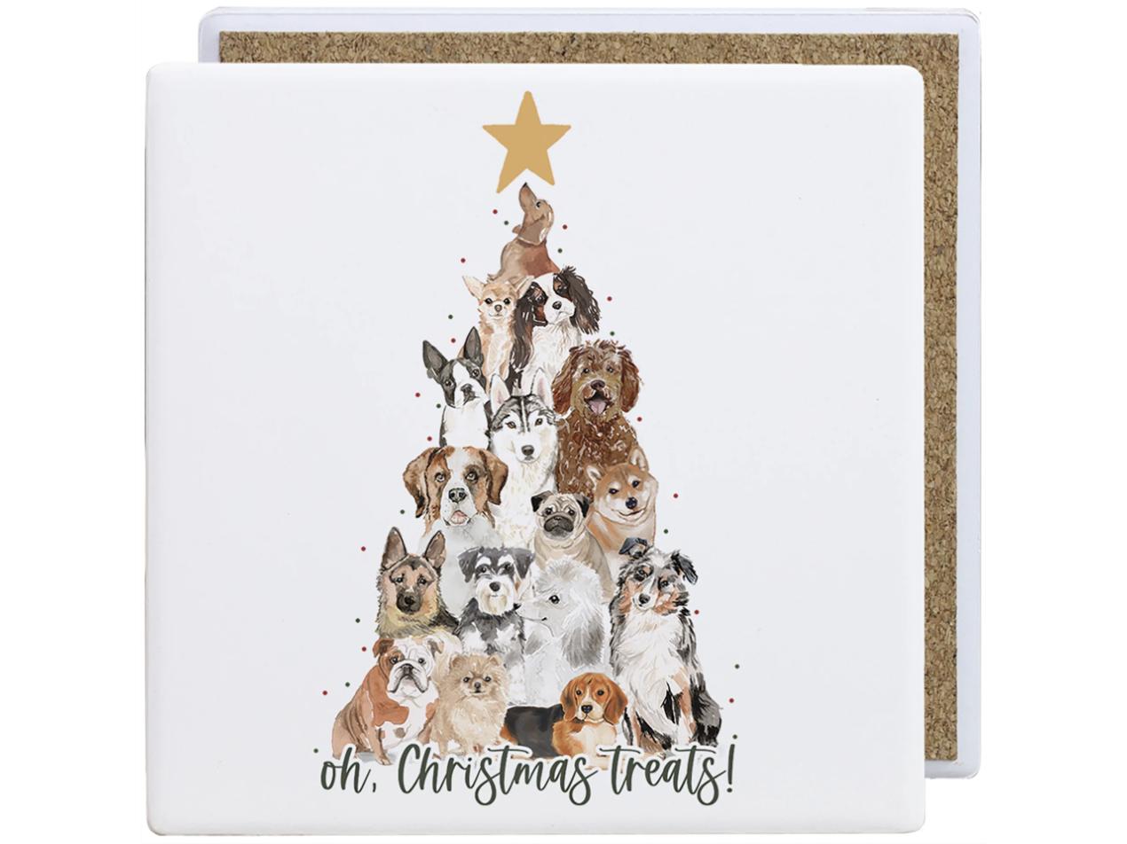 White square coaster with dogs stacked in a tree shape under a gold star, cork back showing