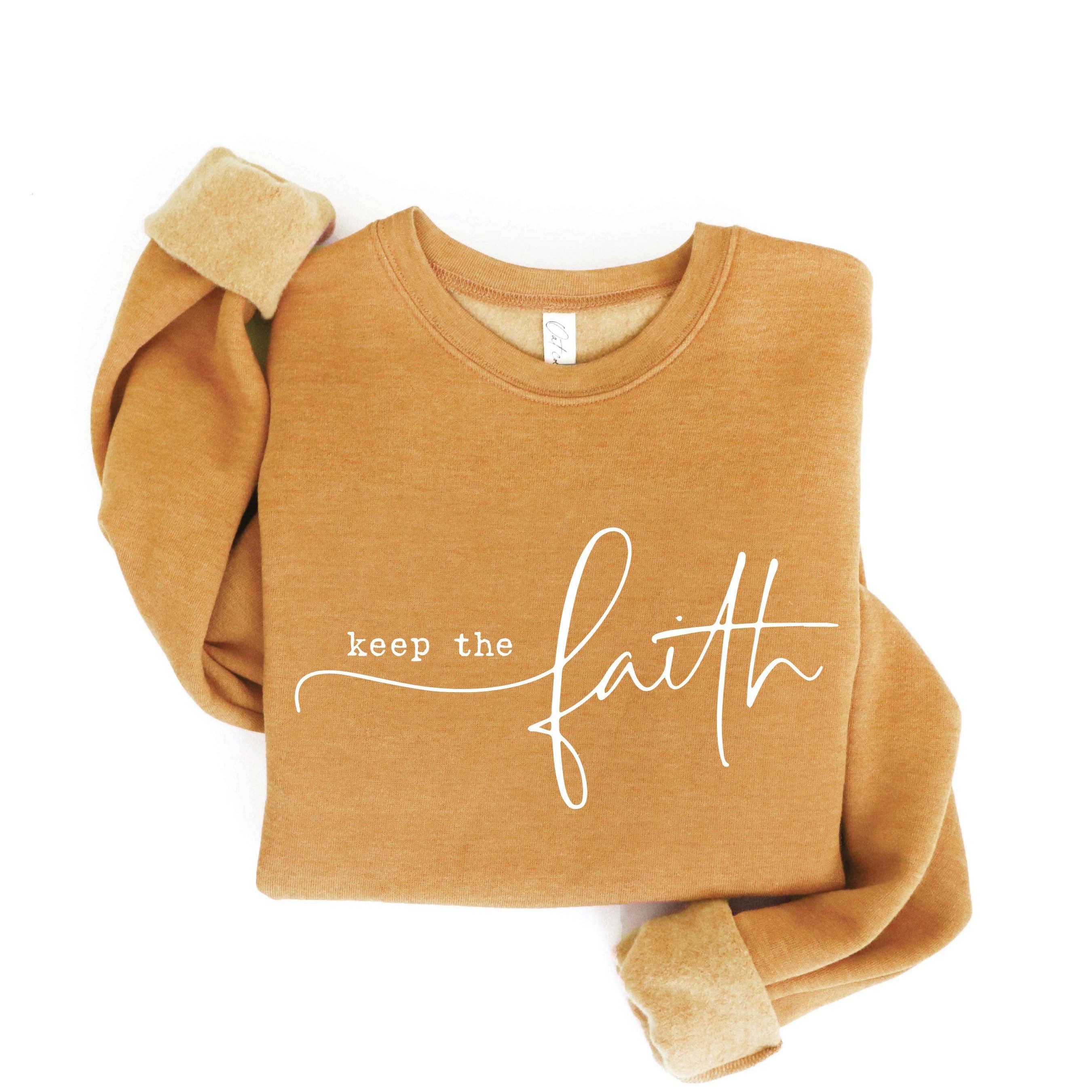 Keep the Faith graphic sweatshirt in heather mustard, front view