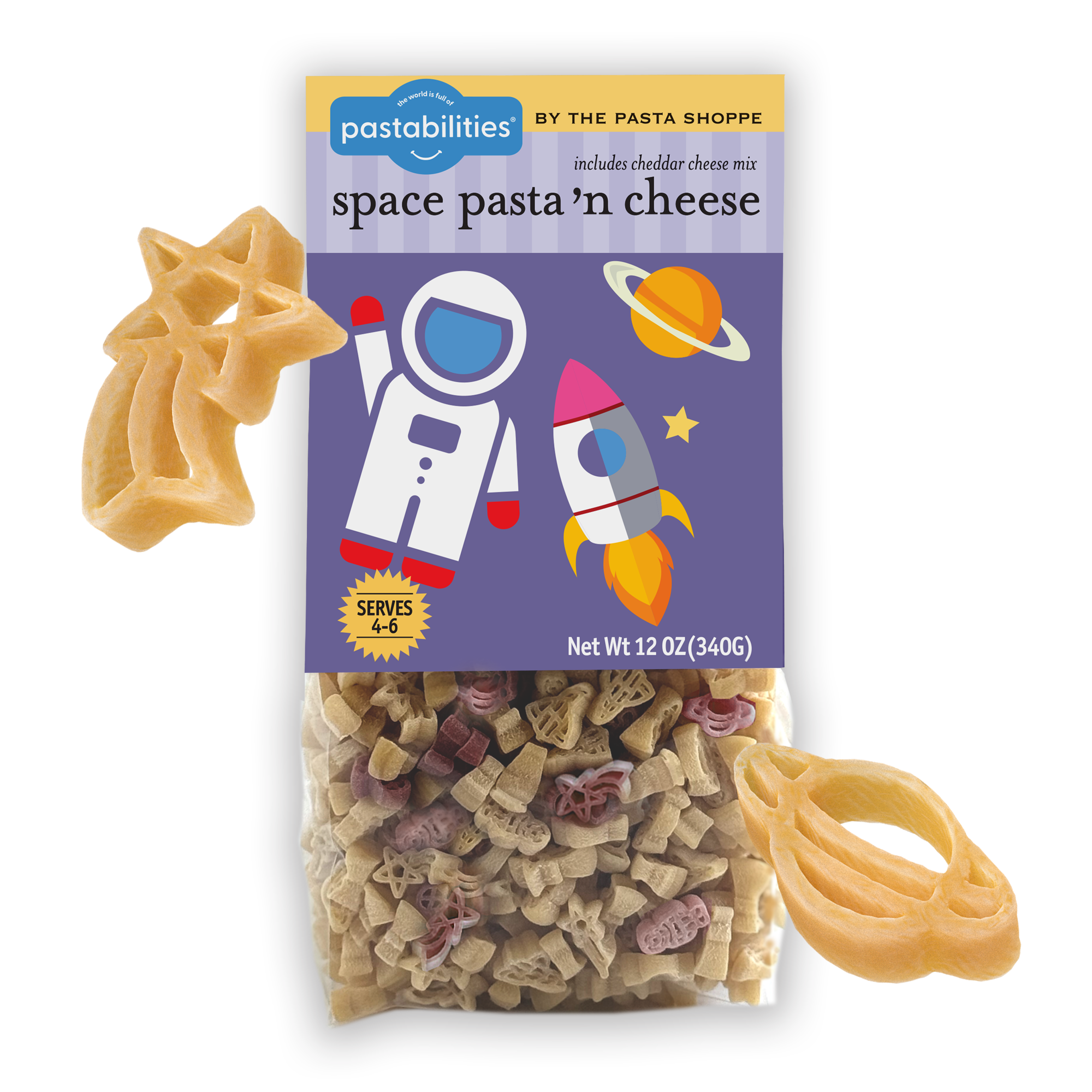 Pastabilities Space Pasta 'n Cheese bag with astronaut, rocket and star pasta