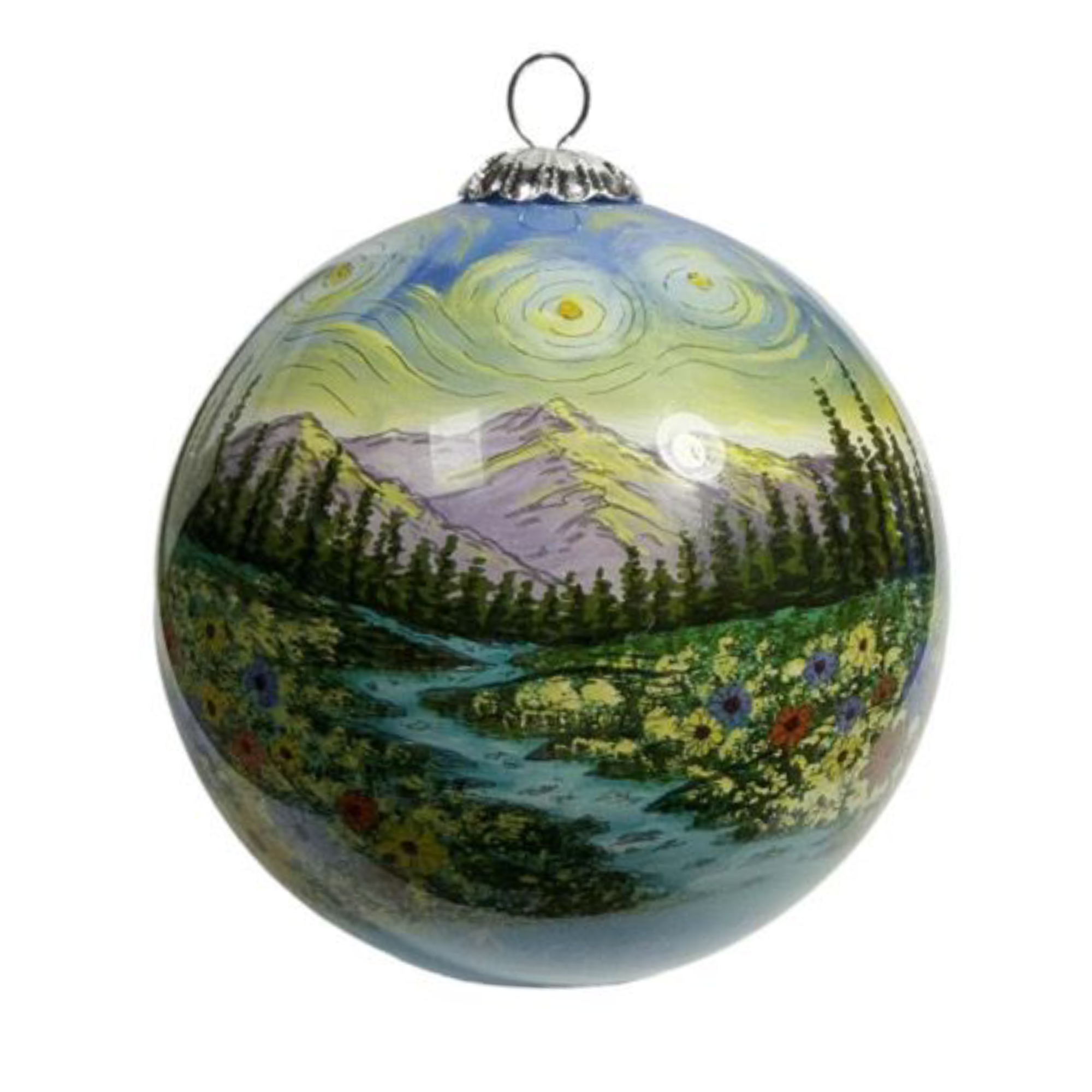 Reverse of the hiking ornament showing a creek, pine forest, and purple peaks under a swirling sky